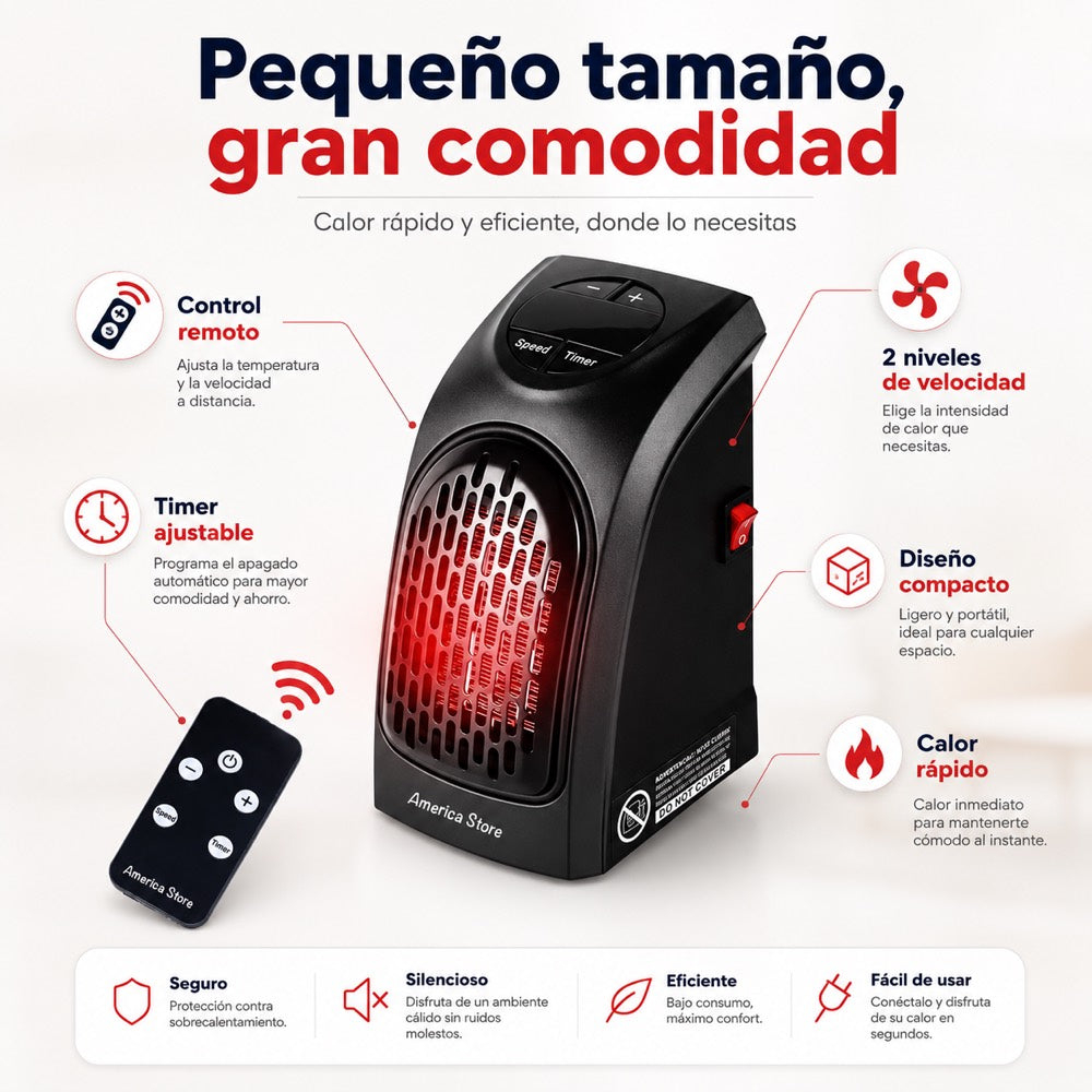 Características: control remoto, 2 velocidades, timer, diseño compacto, seguro y silencioso