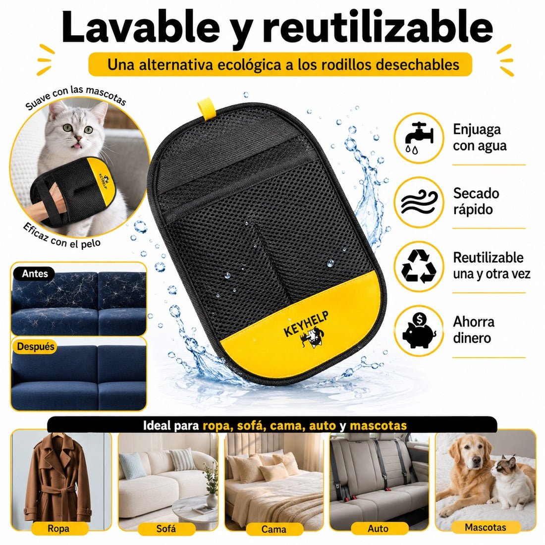Lavable y reutilizable: enjuaga con agua, ideal para auto, sofá, cama, ropa y mascotas